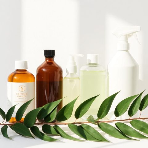 Miljövänliga städprodukter i glasflaskor bredvid gröna blad