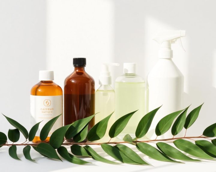 Miljövänliga städprodukter i glasflaskor bredvid gröna blad