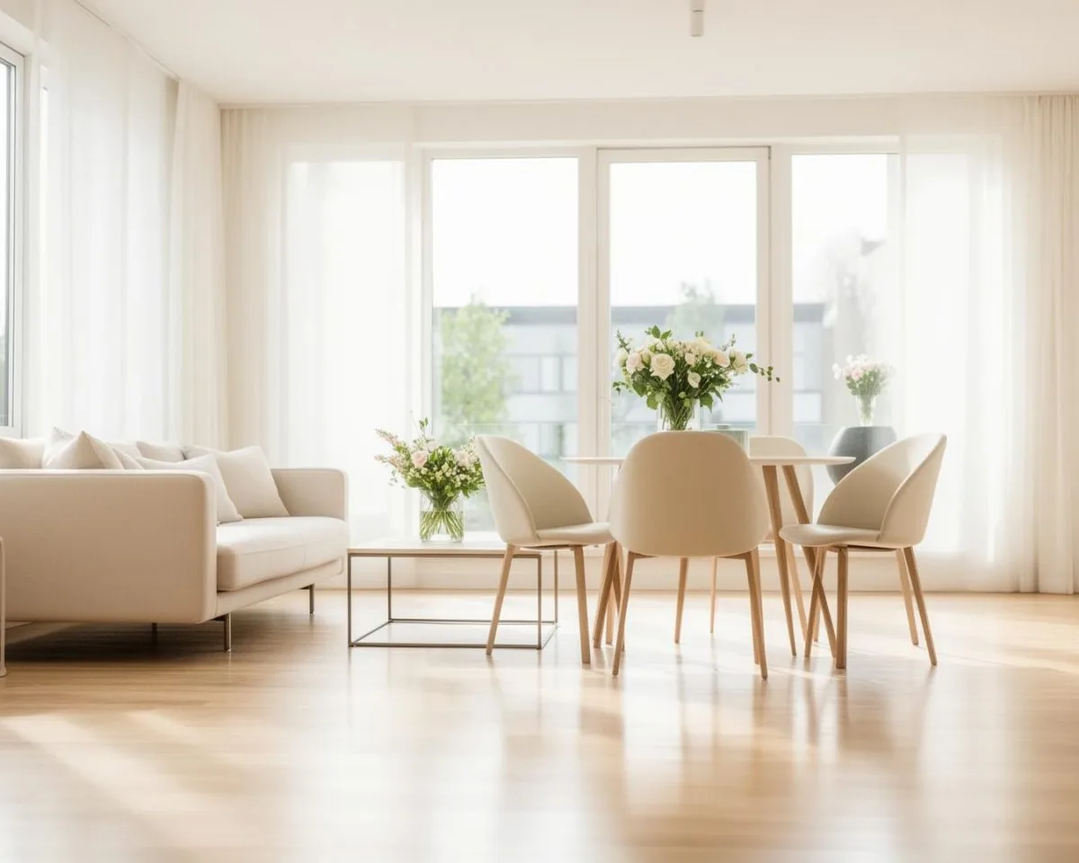 Ljust, nystädat vardagsrum med soffa och matbord