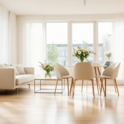 Ljust, nystädat vardagsrum med soffa och matbord