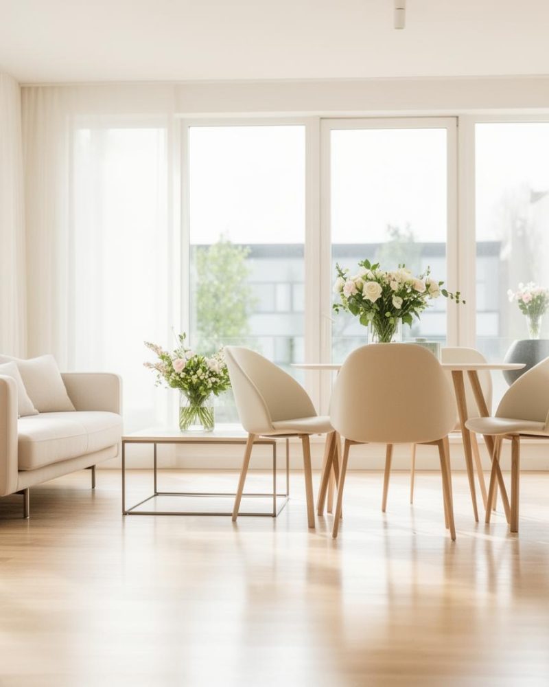 Ljust, nystädat vardagsrum med soffa och matbord
