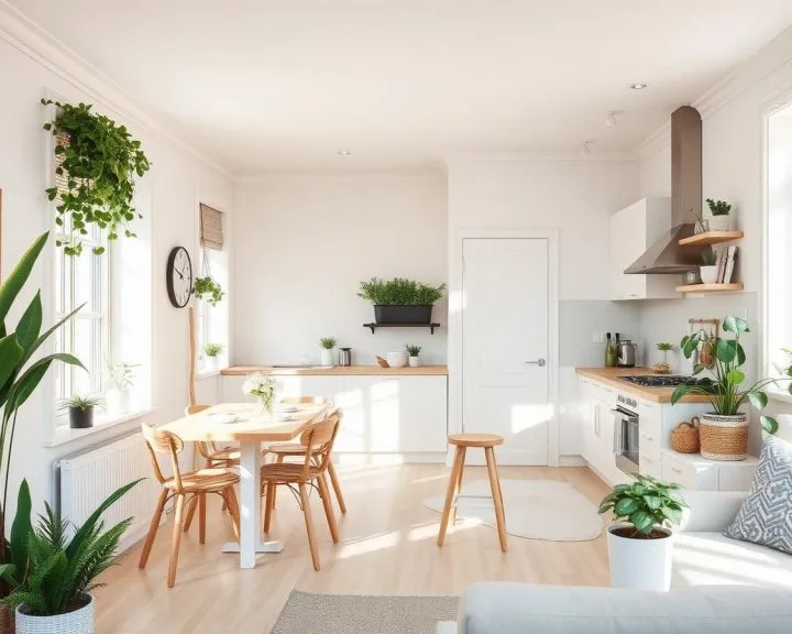 Nystädat kök och matplats i ett ljust hem