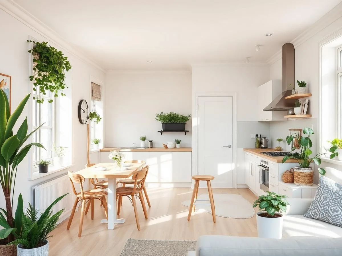 Nystädat kök och matplats i ett ljust hem